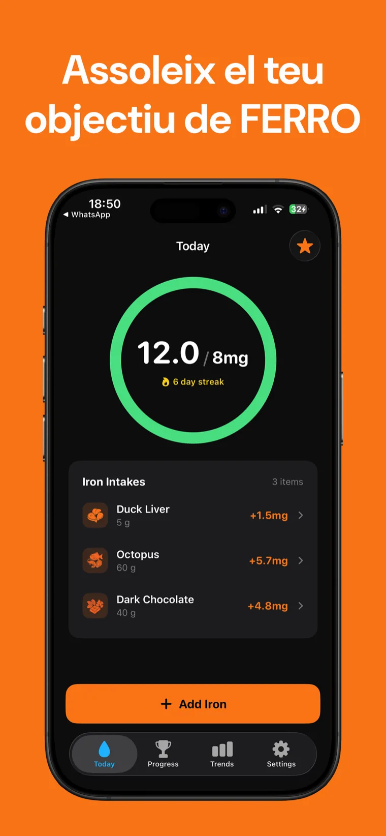 Assoleix el teu objectiu de FERRO — Ferro Tracker a l'iPhone mostrant l'anell de progrés diari de ferro i els aliments registrats
