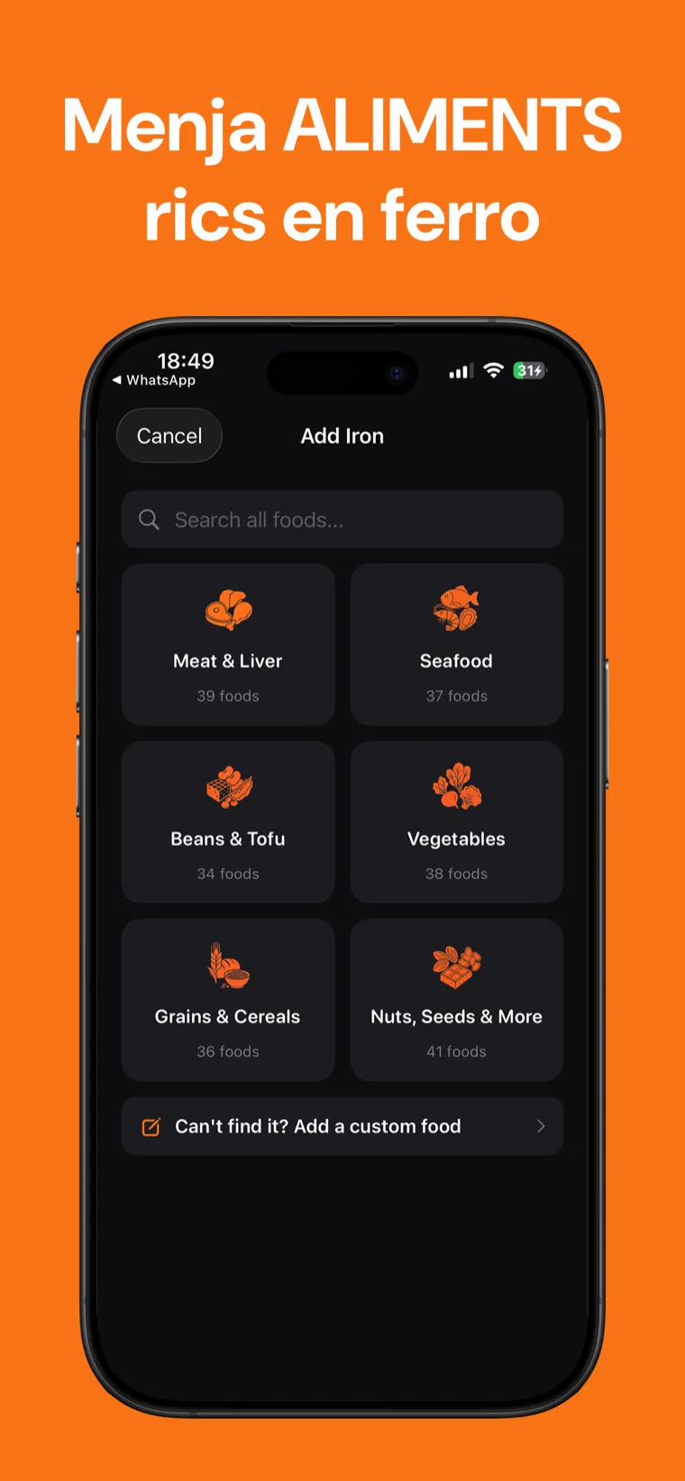 Menja ALIMENTS rics en ferro — Llista d'aliments de Ferro Tracker que mostra el contingut de ferro heme i no heme per article