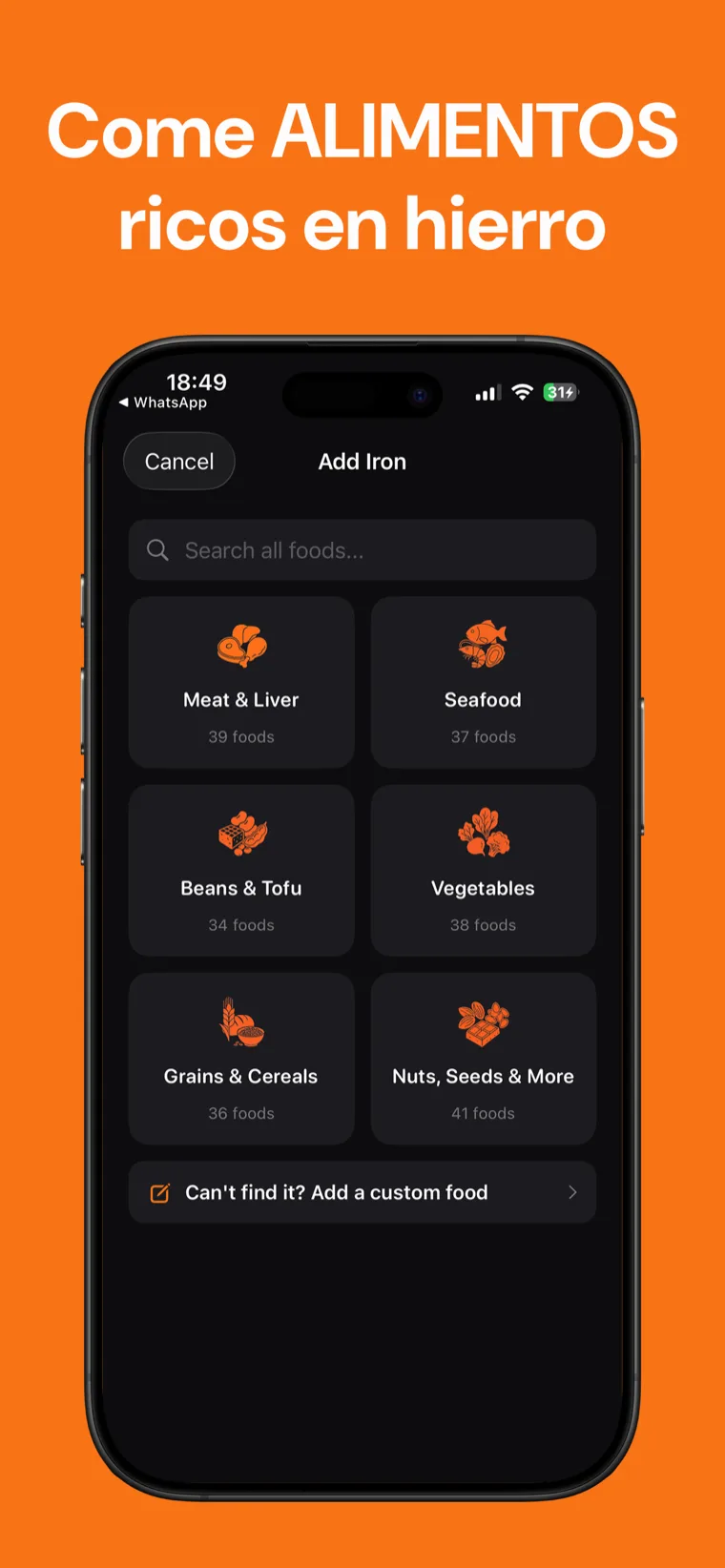 Come ALIMENTOS ricos en hierro — Lista de alimentos de Hierro Tracker mostrando el contenido de hierro hemo y no hemo por artículo