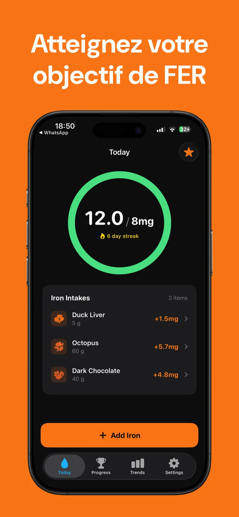 Atteignez votre objectif de FER — Iron Tracker sur iPhone montrant l'anneau de progression quotidienne en fer et les aliments consignés