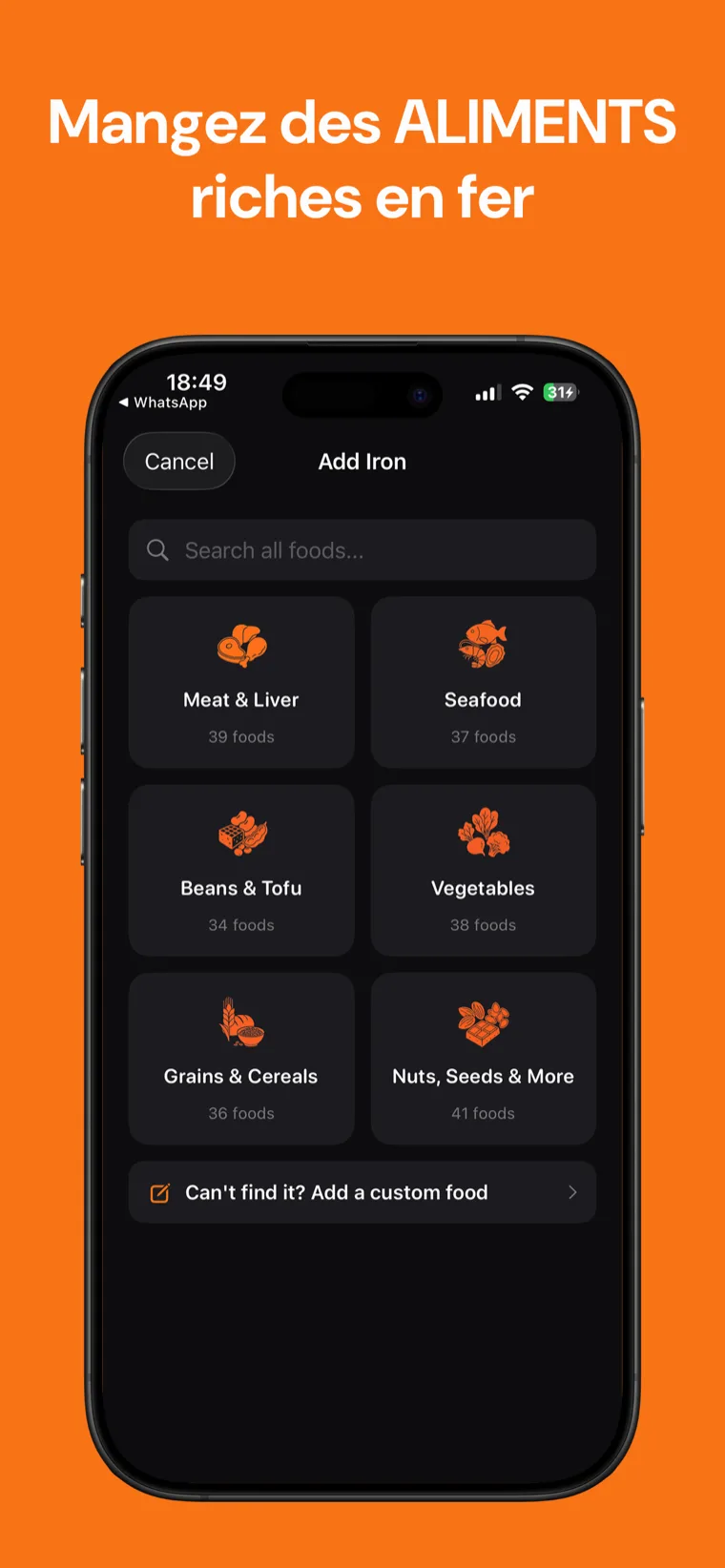 Mangez des ALIMENTS riches en fer — Iron Tracker affichant la liste des aliments avec leur teneur en fer héminique et non héminique
