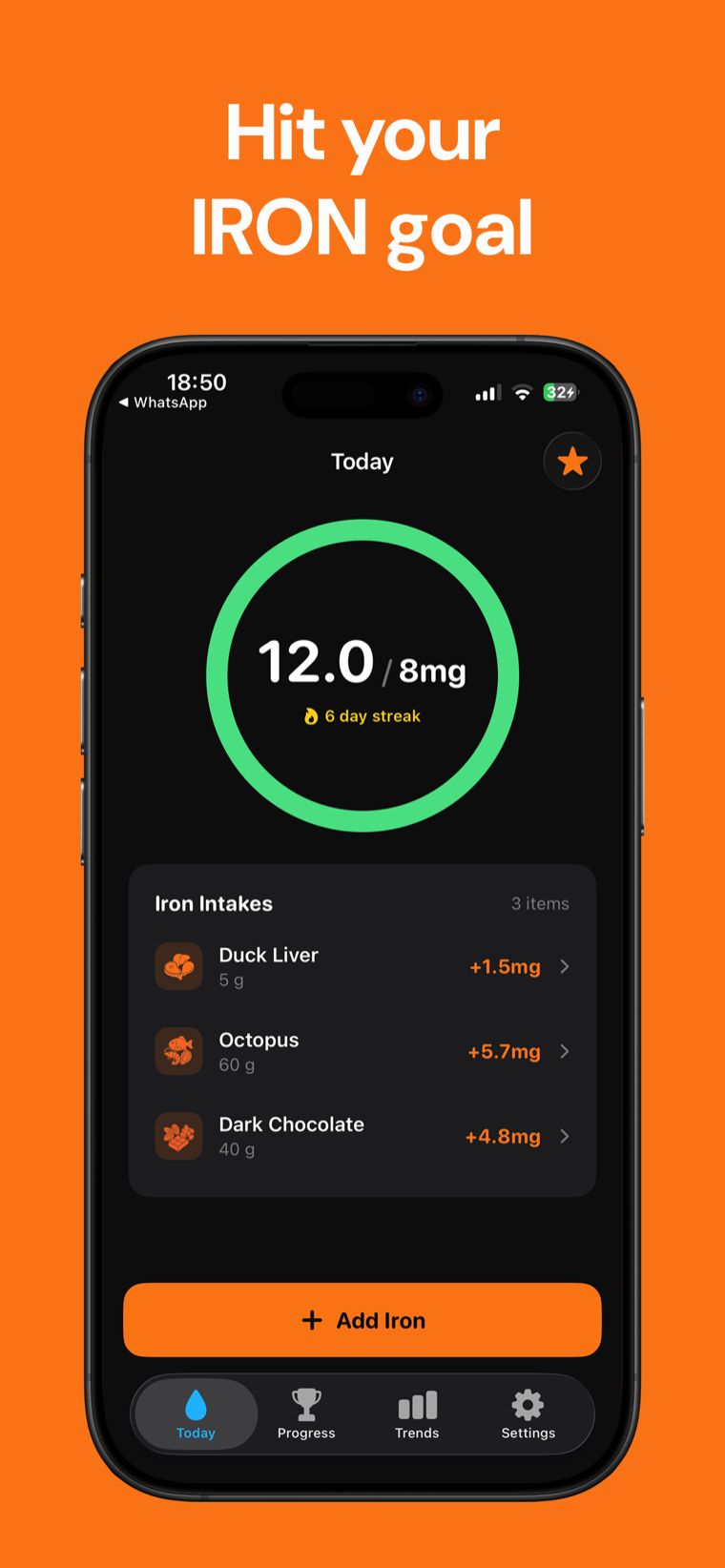 Hit your iron goal — Iron Tracker on iPhone showing the daily iron progress ring and logged foods
