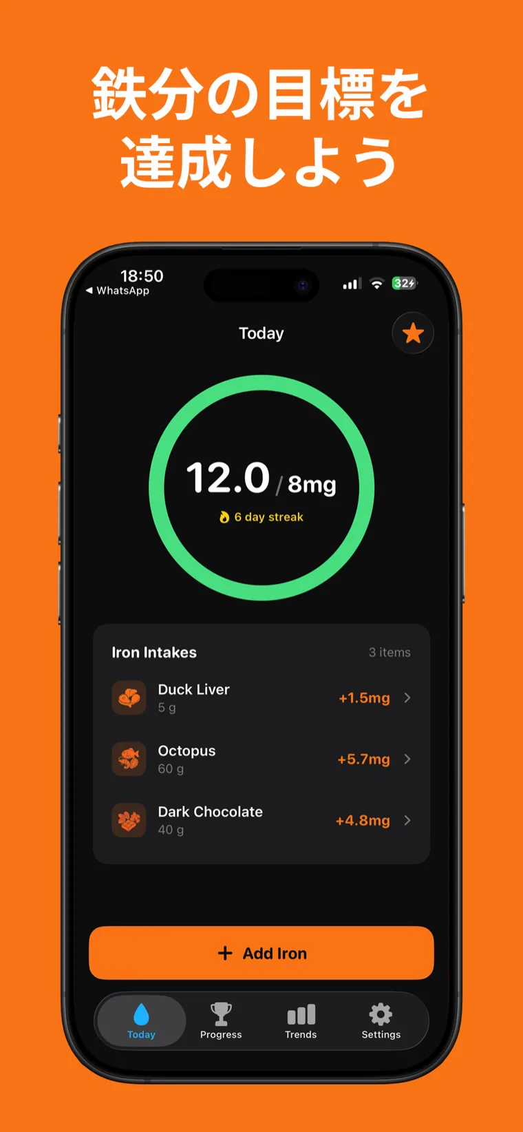 鉄分の目標を
達成しよう — iPhoneの鉄トラッカーで1日の鉄分進捗リングと記録された食品を表示