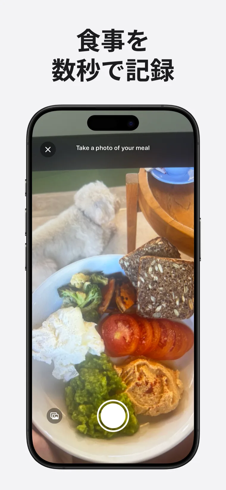 食事を
数秒で記録 — 鉄トラッカーで写真、バーコード、音声の記録オプションを表示