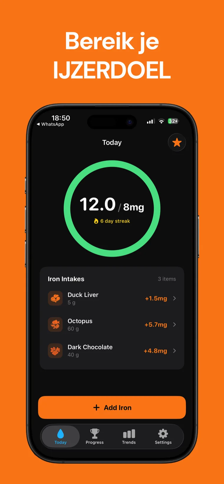 Bereik je IJZERDOEL — IJzer Tracker op iPhone met de dagelijkse voortgangsring en gelogde voeding