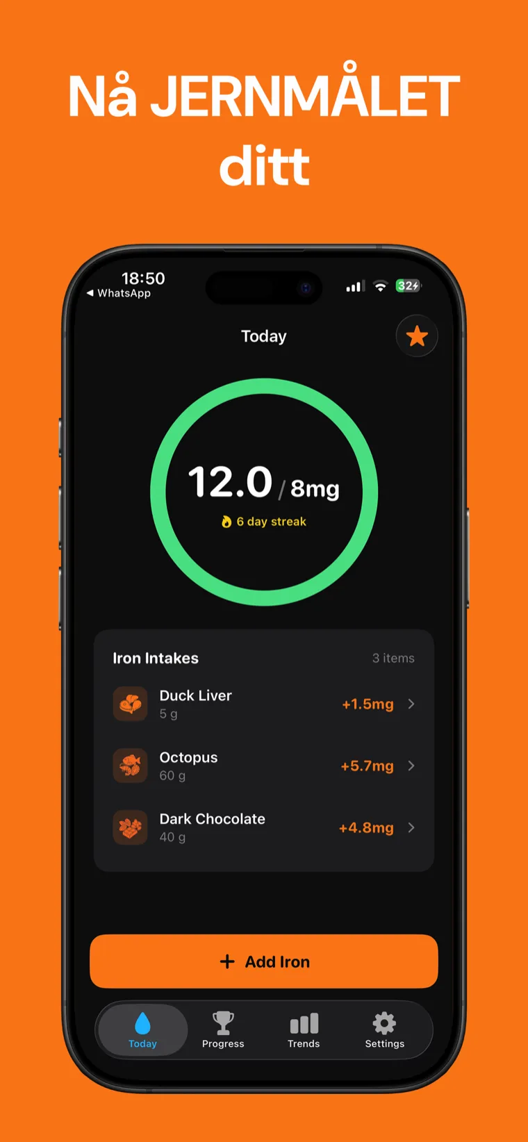 Nå JERNMÅLET ditt — Jern Tracker på iPhone som viser den daglige fremdriftsringen for jern og loggede matvarer