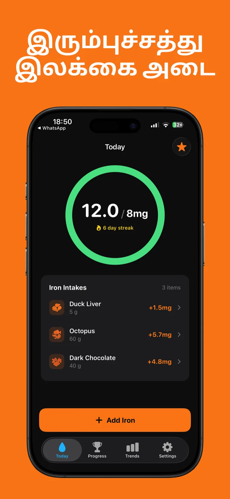 இரும்புச்சத்து இலக்கை அடை — இரும்பு டிராக்கர் iPhone-இல் தினசரி இரும்பு முன்னேற்ற வளையம் மற்றும் பதிவு செய்த உணவுகளைக் காட்டுகிறது