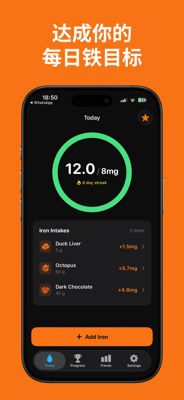 达成你的
每日铁目标 — 铁追踪器在 iPhone 上显示每日铁进度环和已记录的食物